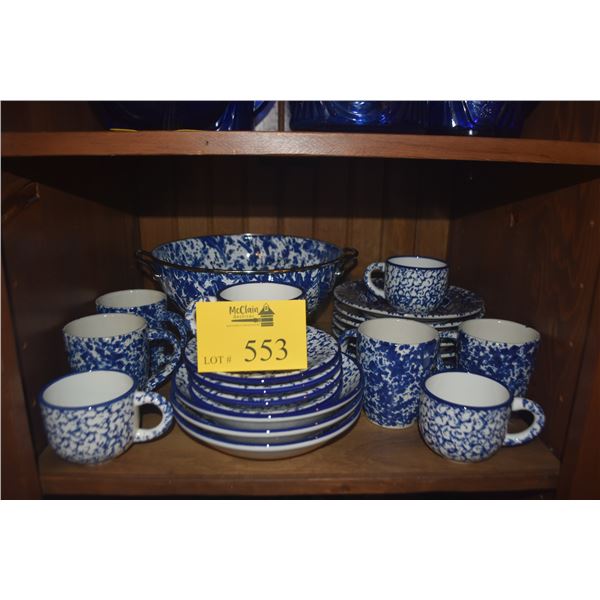 COLLECTION OF POTTERY BARN, CRATE & BARREL & GOLDEN RABBIT BLUE & WHITE SPLATTER/SWIRL PLATES, CUPS,