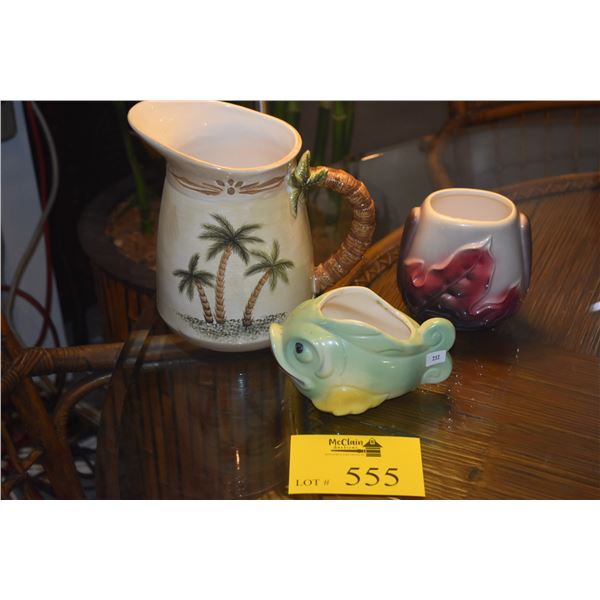 PITCHER W/PALM TREE MOTIF, CERAMIC FISH SCOURING PAD HOLDER & ROYAL COPLEY POTTERY PLANTER W/FIG LEA