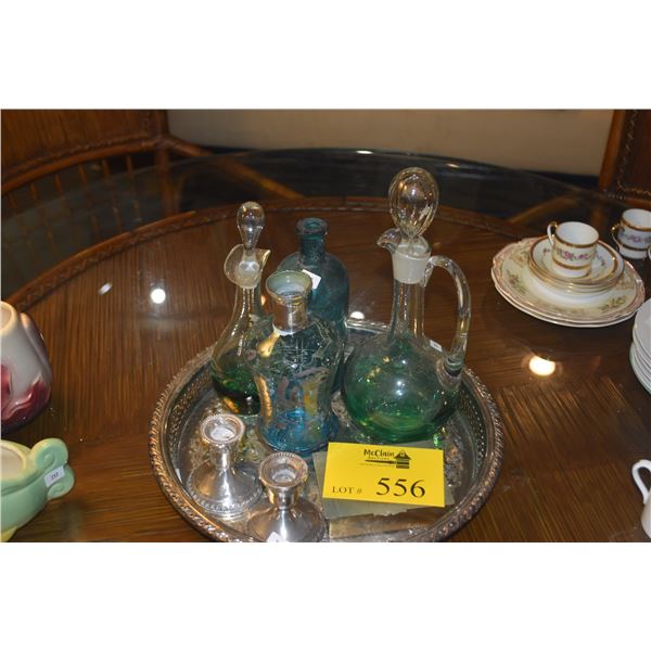 MIXED LOT: STERLING CANDLE HOLDERS, GLASS DECANTERS, SILVER BOX & MEDICINE BOTTLE (DOES NOT INCLUDE 
