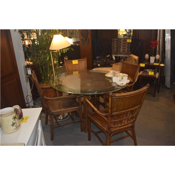 GLASS TOP TABLE W/RATTAN & BAMBOO BASE & ARM CHAIRS (6 PCS)