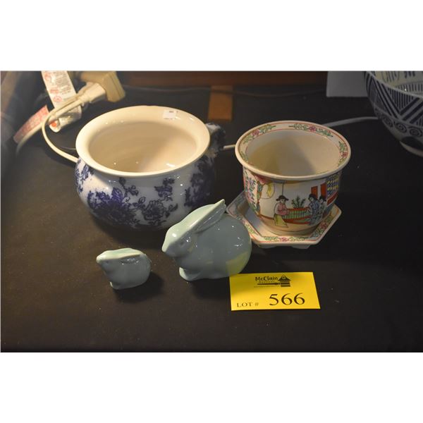 PLANTER, RABBIT FIGURINES & CHAMBER POT (4 PCS)