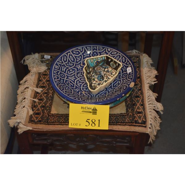 MOROCCAN PLATES, TURKISH DISH, WHISTLE & SMALL RUG (5 PCS)