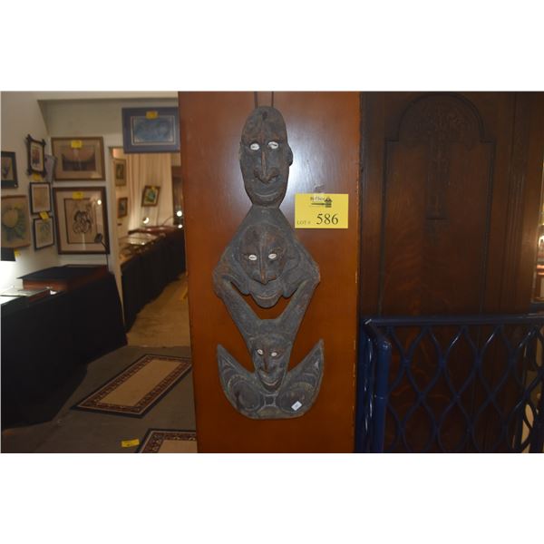 PAPUA NEW GUINEA SEPIK RIVER CARVED WOOD SUSPENSION HOOK W/3 STYLIZED FACES & INLAID SHELLS