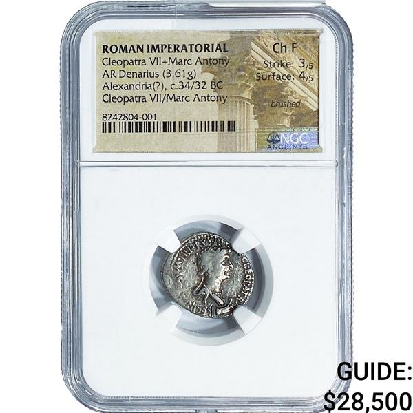 Roman Cleopatra VII+Marc Antony Silver Denarius NGC Ch F