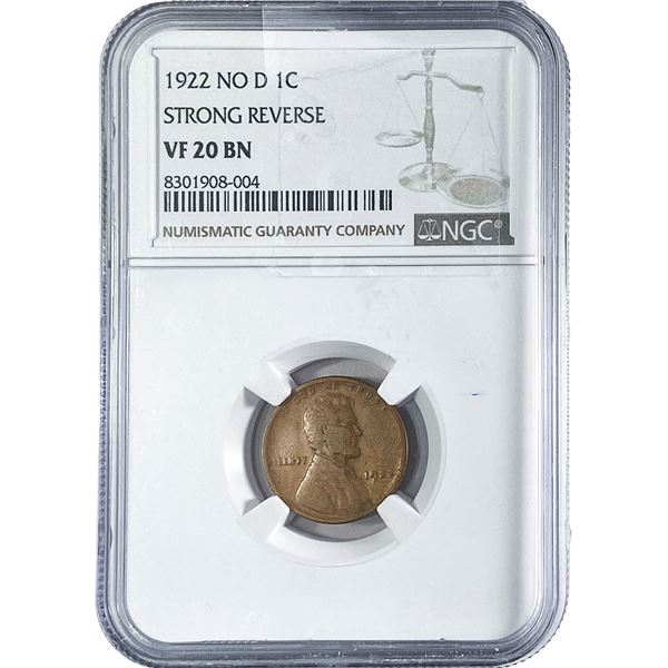 1922 No D Wheat Cent NGC VF20 BN
