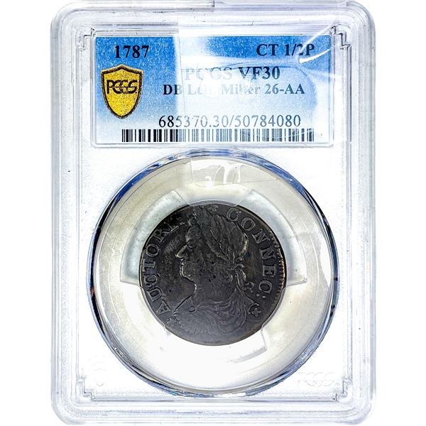 1787 CT 1/2P DB Left, Miller 26-AA PCGS VF30