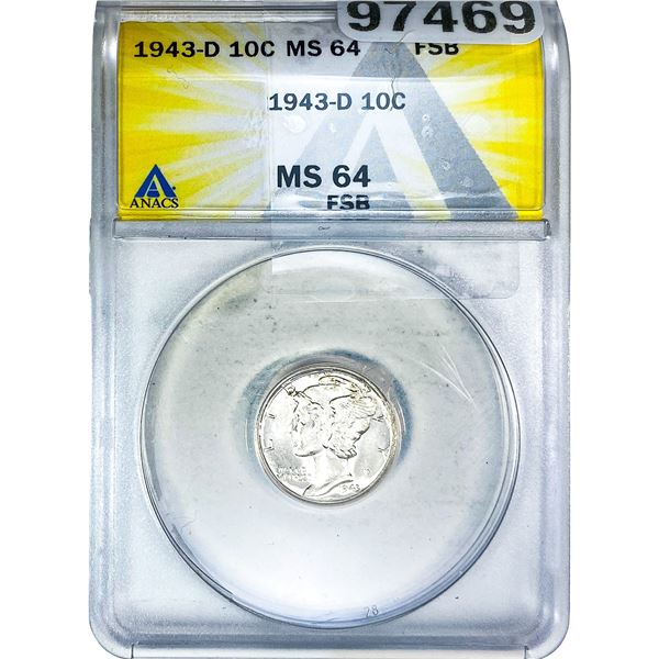 1943-D Mercury Silver Dime ANACS MS64 FSB