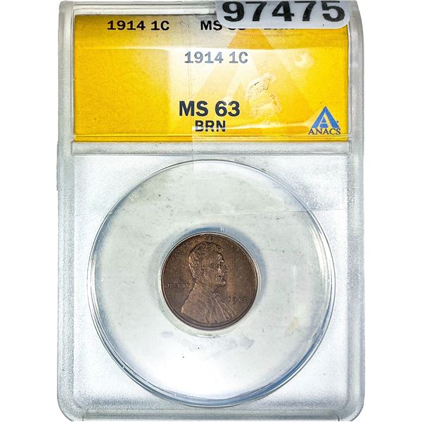 1914 Wheat Cent ANACS MS63 BRN