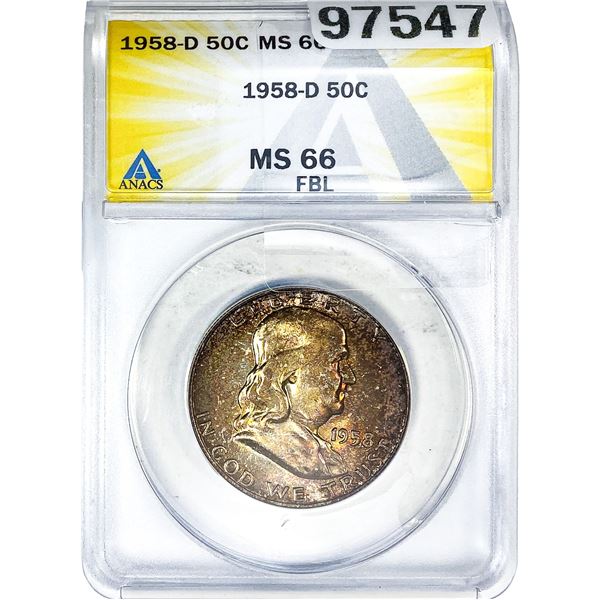 1958-D Franklin Half Dollar ANACS MS66 FBL