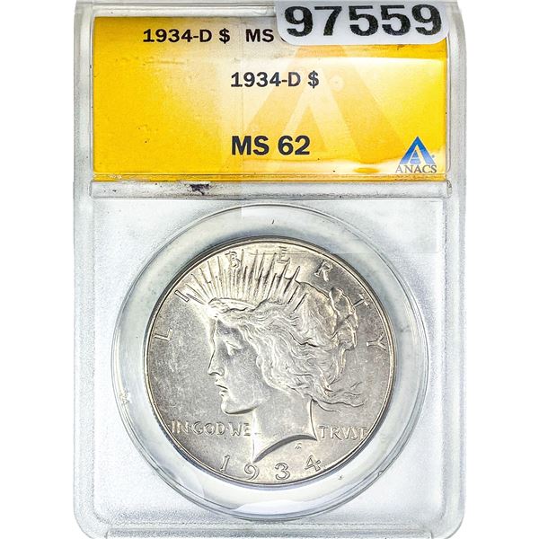 1934-D Silver Peace Dollar ANACS MS62