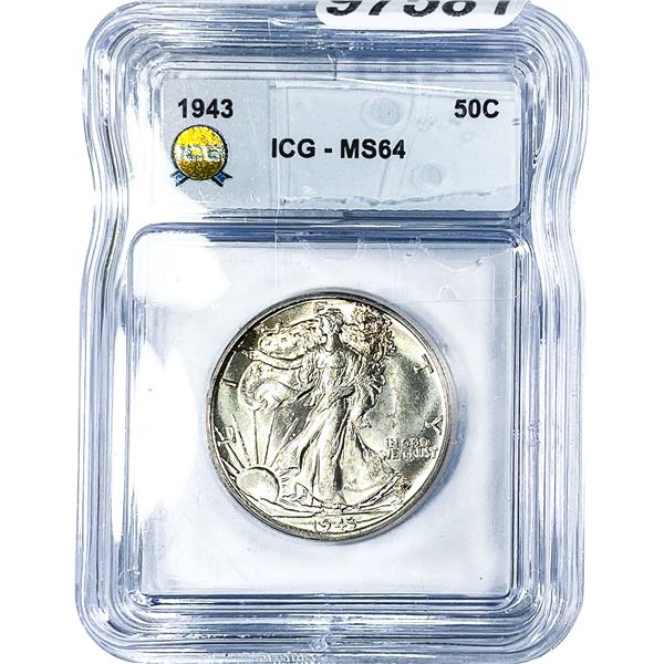1943 Walking Liberty Half Dollar ICG MS64