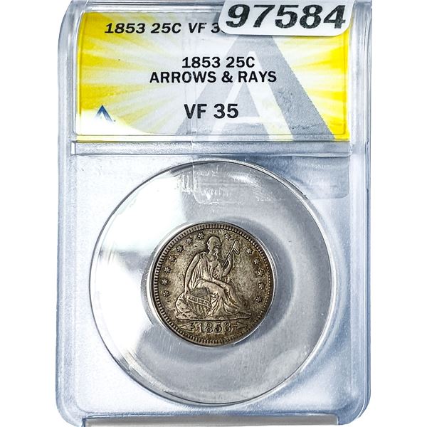 1853 Seated Liberty Quarter ANACS VF35 Arrows & Rays