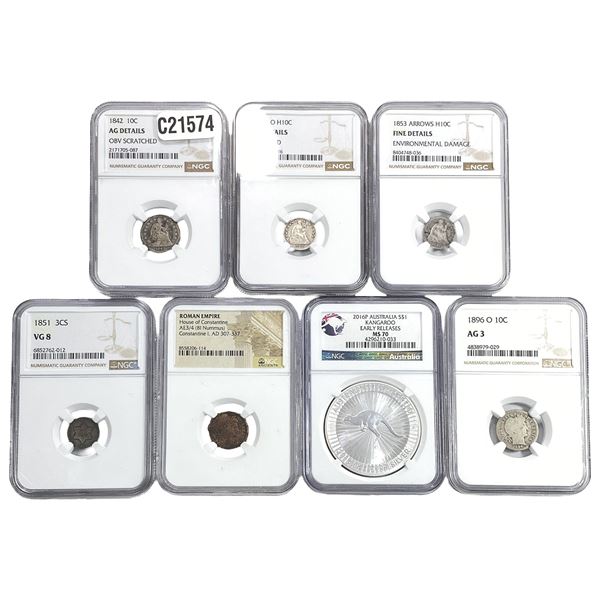[7 Coins] AD 337-2016 Mixed U.S. Coins w/ Ancient & Austr. Silver Kangaroo 1 oz NGC