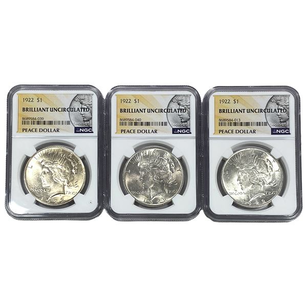 [3 Coins] 1922 Silver Peace Dollar NGC BrillantUnc