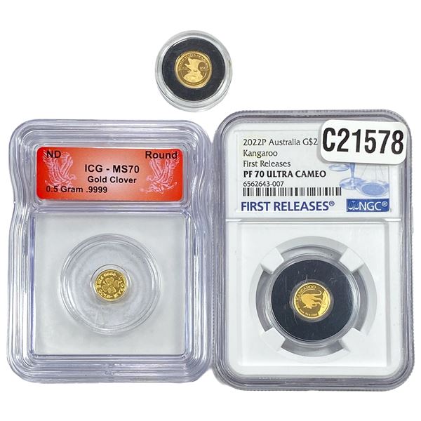 [3 Coins] 1849-2022 Gold Round Coins .5 Grams MS/PF70