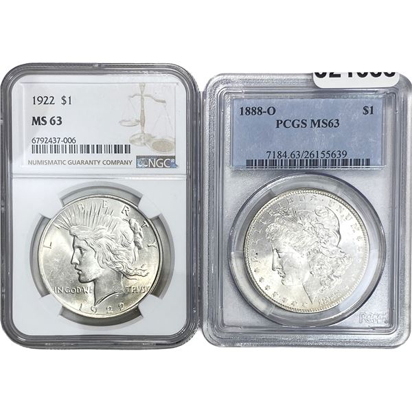 [2 Coins] 1888-1922 Silver Morgan & Peace $1 MS63