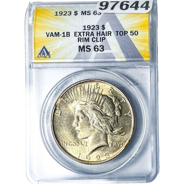 1923 Silver Peace Dollar ANACS MS63 VAM-1B Extra Hair