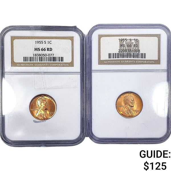 [2 Coins] 1955-S Wheat Cent NGC MS66 RD