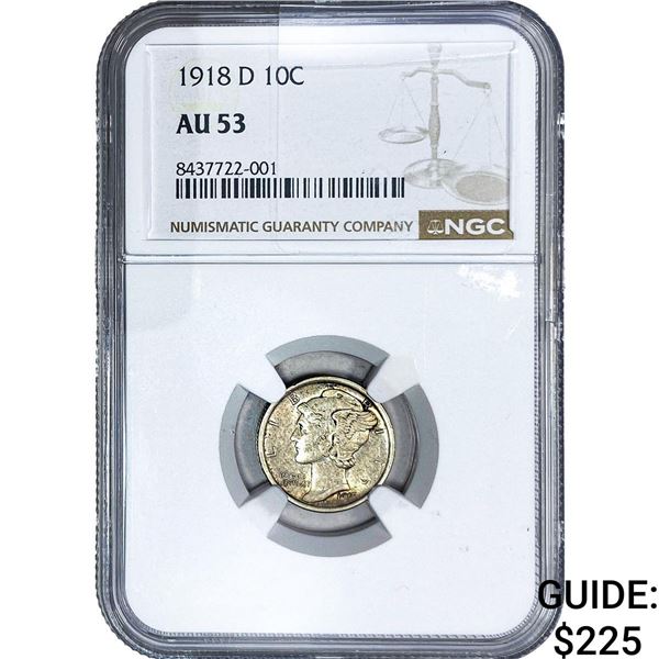 1918-D Mercury Silver Dime NGC AU53