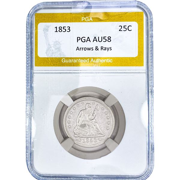 1853 Seated Liberty Quarter PGA AU58 Arrows & Rays