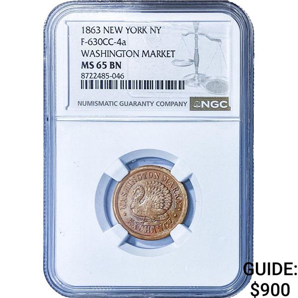 1863 New York NY Washington Market Token NGC MS65 BN