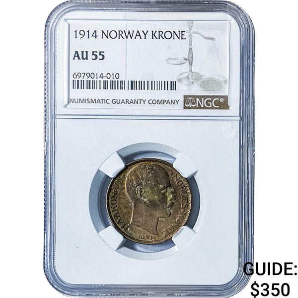1914 Norway Silver 1 Krone NGC AU55