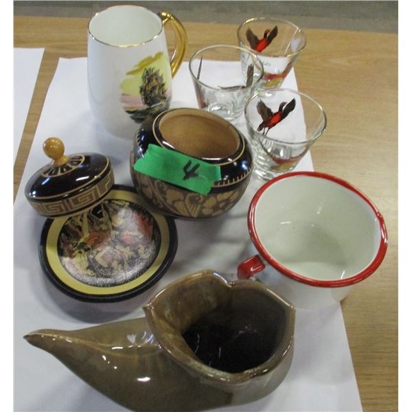 FLAT C/W BIRD GLASSES, SHIP COFFEE MUG, WOOD TRINKET BOX, ETC