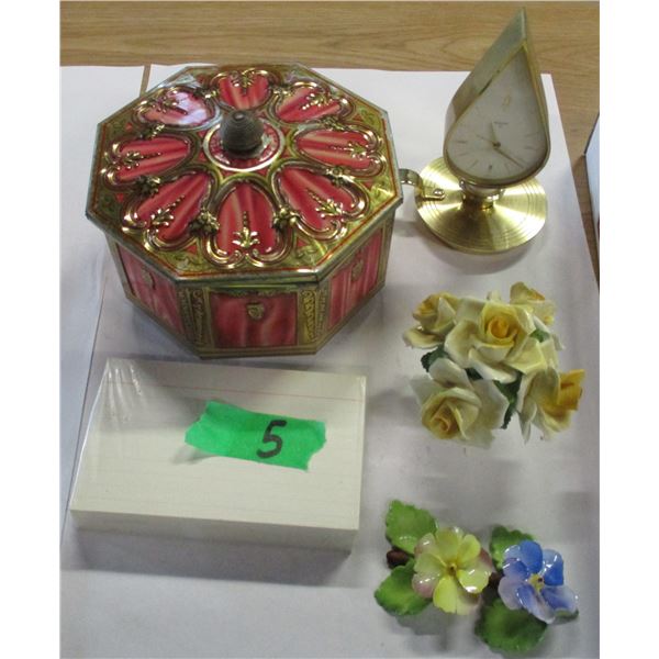 FLAT C/W CHINA FLOWER ORNAMENTS, METAL TIN, CLOCK, ETC