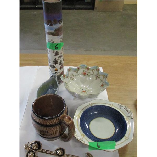 FLAT C/W FIREPLACE MATCHES, ENGLISH BOWLS, MUG, ETC
