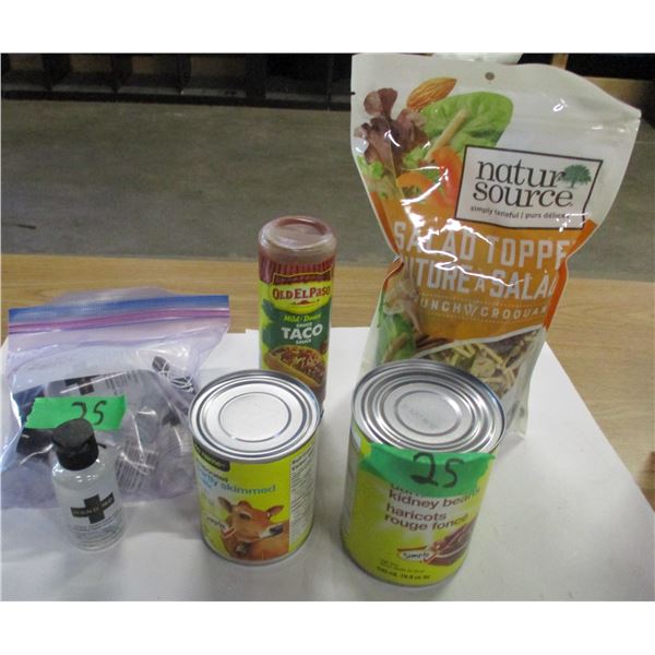 SHELF PULLS (AS IS):  SALAD TOPPING, HAND SANITIZER, TACO SAUCE, KIDNEY BEANS, ETC