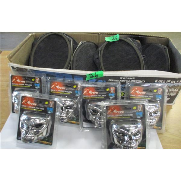 BOX C/W SKULL CAN HOLDERS, SPEAKERS, ETC