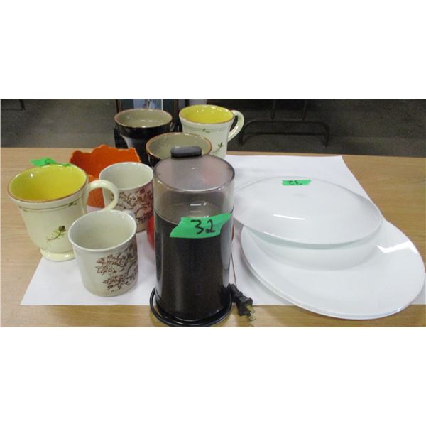 BOX C/W PLATES, CUPS, MUGS, COFFEE GRINDER, ETC