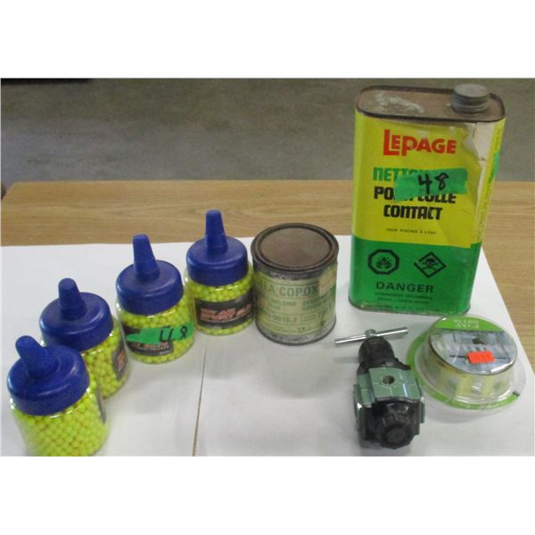 BOX C/W REFLECTIVE MARKERS, CONTACT CEMENT, AIR SOFT PELLETS, ETC