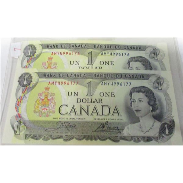 1973 LOT OF TWO SEQUENTIAL SERIAL NUMBER LAST OF CANADA $1 BILLS