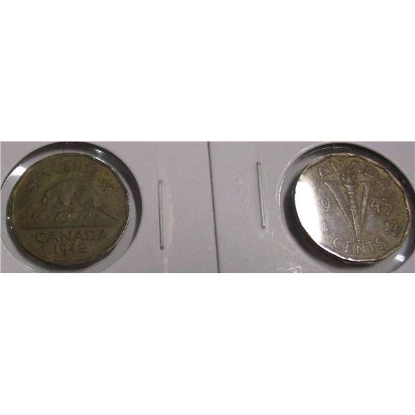 1942 & 1943 CANADA VICTORY WARTIME TOMBAC NICKELS