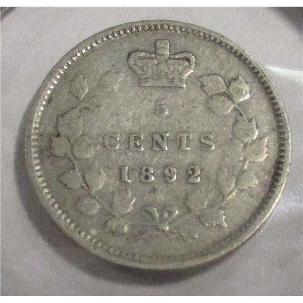 1892 CANADA VICTORIAN SILVER FIVE CENT