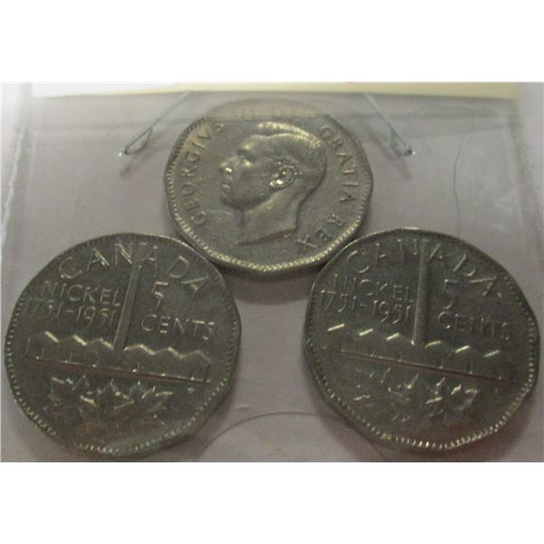 1751 - 1951 LOT OF THREE CANADA SMOKE STACK NICKELS