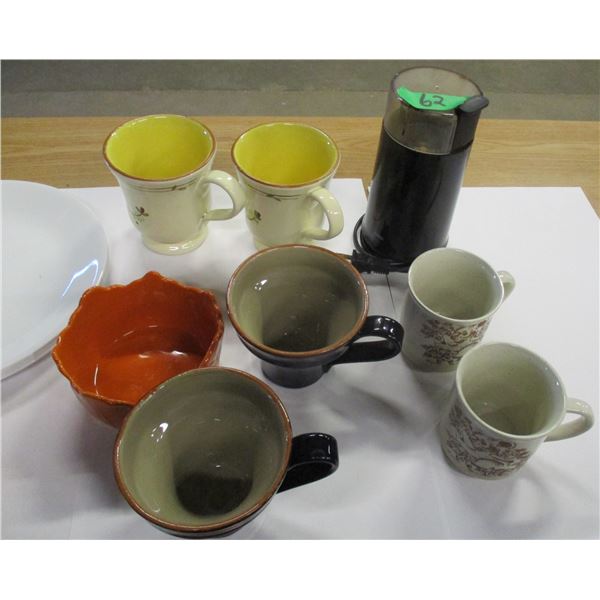 BOX C/W MUGS, CUPS, CORELLE, PLATES, COFFEE GRINDER, ETC
