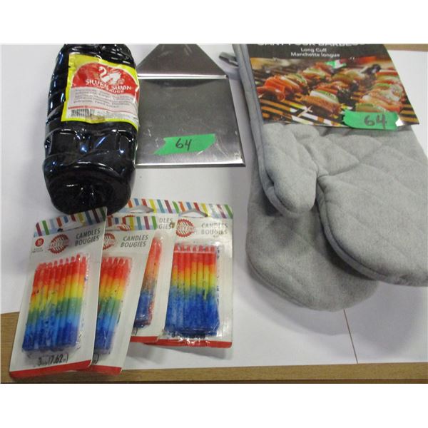 SHELF PULLS (AS IS):  FLAT C/W SOY SAUCE, CANDLES, LARGE FLOPPER, BBQ GLOVES, BIRTHDAY CANDLES, ETC