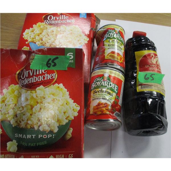 SHELF PULLS (AS IS):  16 BAGS OF MICROWAVE POPCORN, 2 CANS CHEF BOYARDEE, SOYA SAUCE