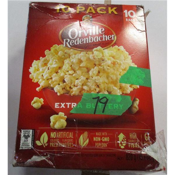 SHELF PULLS (AS IS):  BOX C/W 10 PACKS OF EXTRA BUTTERY MICROWAVE POPCORN