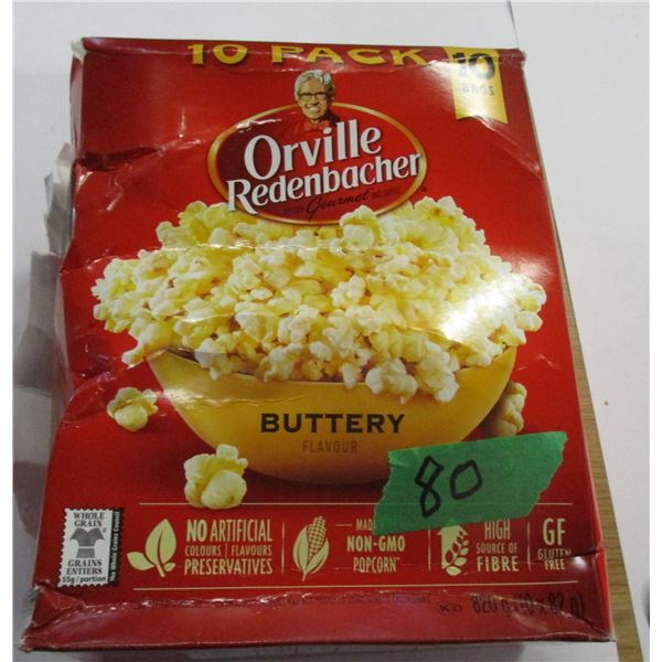 SHELF PULLS (AS IS):  BOX C/W 10 PACKS OF BUTTERY POPCORN