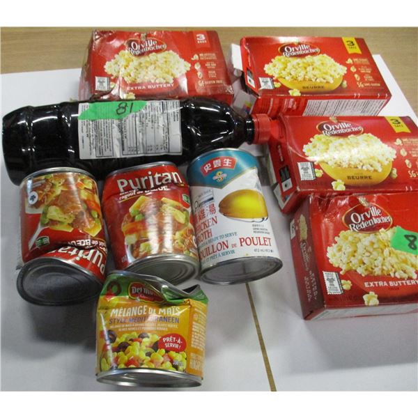 SHELF PULLS (AS IS):  FLAT C/W SOYA SAUCE, PURITAN STEW, CHICKEN BROTH, CORN, POPCORN, ETC