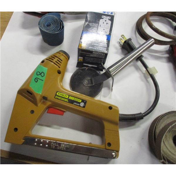 FLAT C/W ASSORTED TOOLS (SCISSORS, SAND PAPER), ELECTRIC STAPLER
