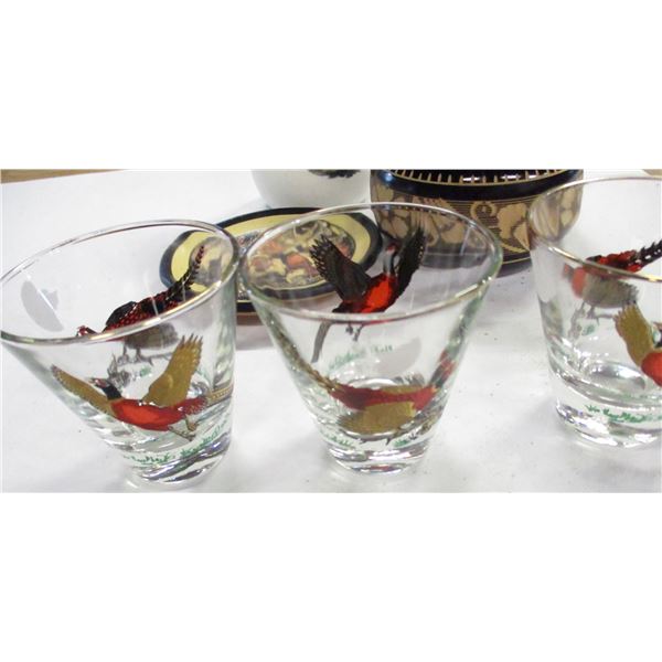 FLAT C/W GLASSWARE, MARIONETTE, MUGS, WOOD STORAGE DISH, ETC