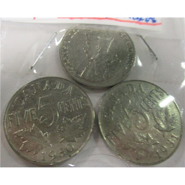 1929, 1930 & 1931 CANADA KING GEORGE V NICKEL SET