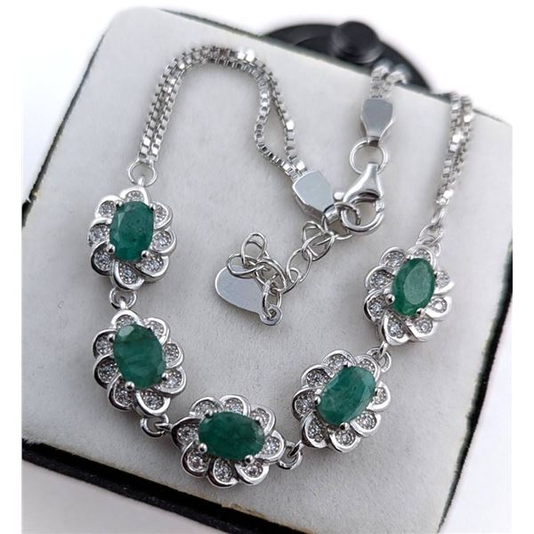 Sterling Silver Bracelet with Zambian Emeralds and Cubic Zirconia