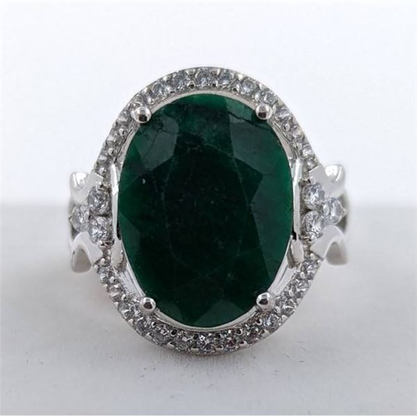 Sterling Silver Ring with 9ct Zambian Emerald and Cubic Zirconia, Size 9