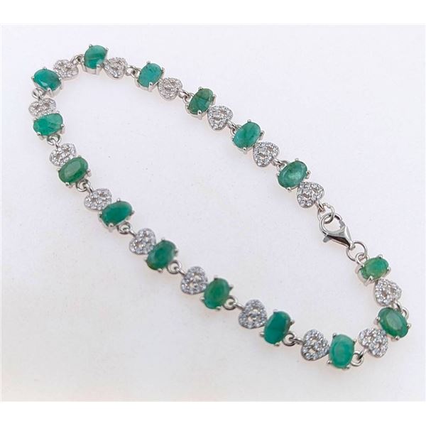 Zambian Emerald & Cubic Zirconia 925 Silver Bracelet, 7.90g