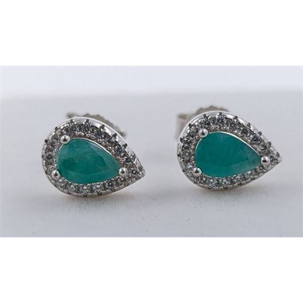 Sterling Silver Earrings with Pear-Cut Zambian Emeralds and Cubic Zirconia